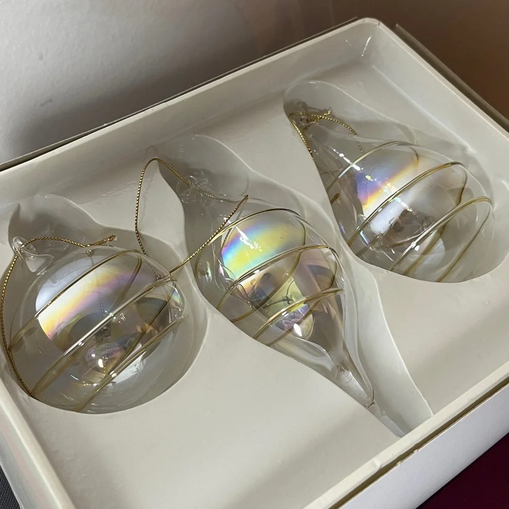 Vintage Hand Blown Iridescent Clear Glass Gold Spiral Finial Holiday Ornaments‎